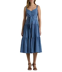 Lauren Ralph Lauren V-Neck Sleeveless Tie Front Tiered Skirt Midi Dress