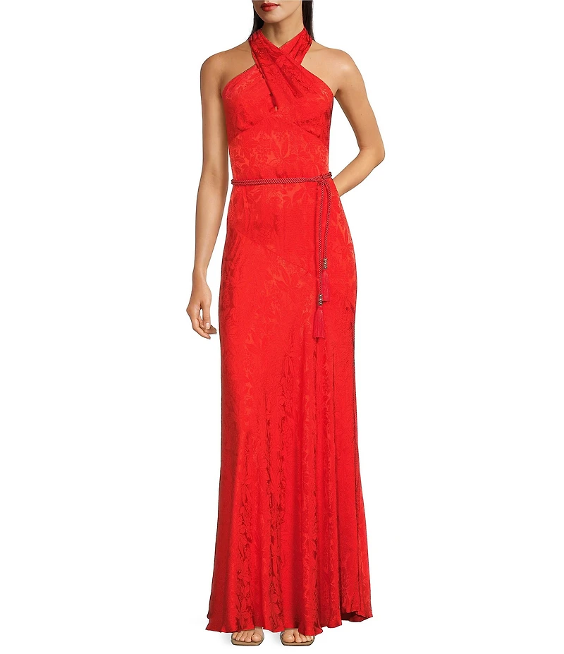 Lauren Ralph Lauren Vafarra Beaded Floral Jacquard Halter Neck Gown