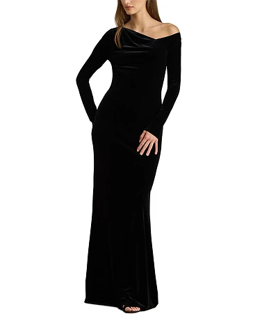 Lauren Ralph Lauren Velvet Asymmetrical Off The Shoulder Neck Long Sleeve Slim Fit Gown