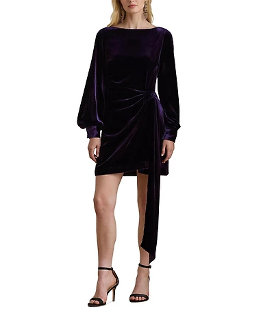 Lauren Ralph Lauren Velvet Boat Neck Long Sleeve Faux Wrap Skirt Overlay Tie Waist Sheath Dress