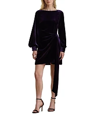 Lauren Ralph Lauren Velvet Boat Neck Long Sleeve Faux Wrap Skirt Overlay Tie Waist Sheath Dress