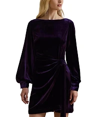 Lauren Ralph Lauren Velvet Boat Neck Long Sleeve Faux Wrap Skirt Overlay Tie Waist Sheath Dress