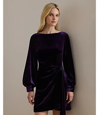Lauren Ralph Lauren Velvet Boat Neck Long Sleeve Faux Wrap Skirt Overlay Tie Waist Sheath Dress
