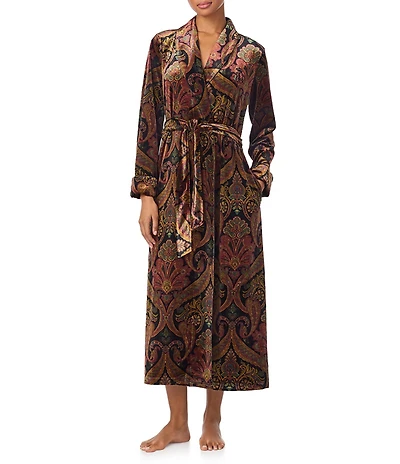 Lauren Ralph Lauren Velvet Multi Paisley Print Long Sleeve Shawl Collar Long Robe