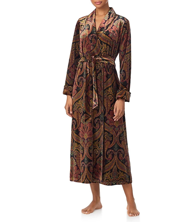 Lauren Ralph Lauren Velvet Multi Paisley Print Long Sleeve Shawl Collar Long Robe