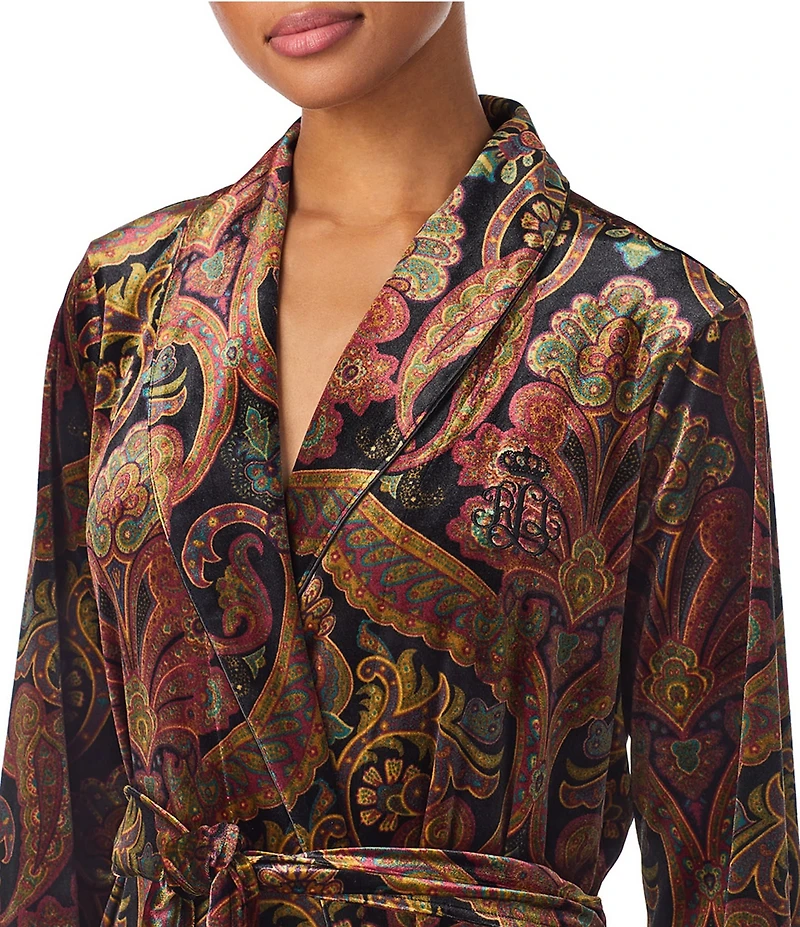Lauren Ralph Lauren Velvet Multi Paisley Print Long Sleeve Shawl Collar Long Robe