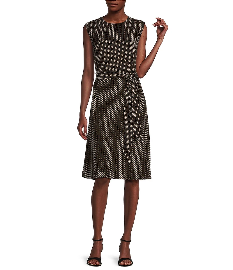 Lauren Ralph Lauren Vilodie Geometric Crepe Crew Neck Cap Sleeves Belted A-Line Midi Dress