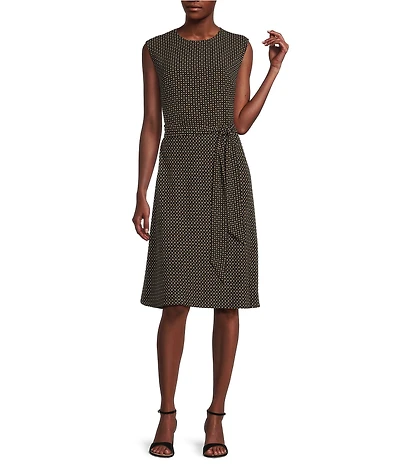 Lauren Ralph Lauren Vilodie Geometric Crepe Crew Neck Cap Sleeves Belted A-Line Midi Dress