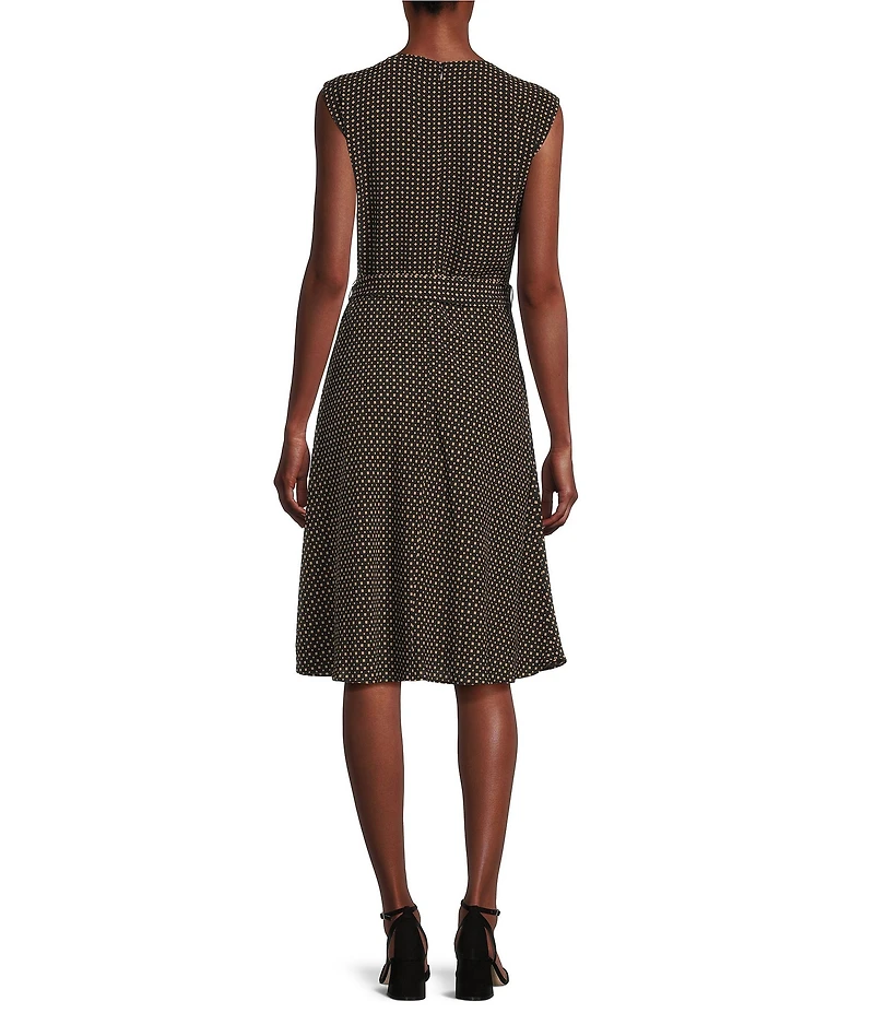 Lauren Ralph Lauren Vilodie Geometric Crepe Crew Neck Cap Sleeves Belted A-Line Midi Dress