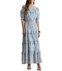 Lauren Ralph Lauren Voile Floral Print Off-The-Shoulder Short Sleeve Blouson Dress