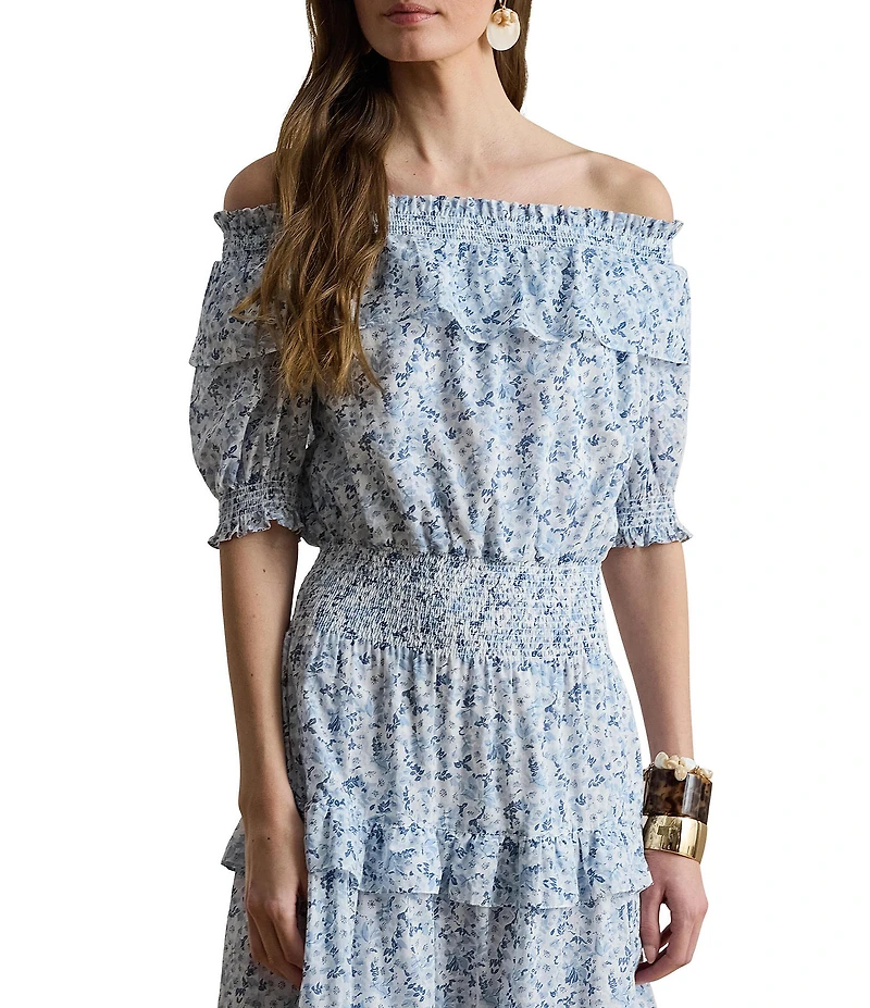 Lauren Ralph Lauren Voile Floral Print Off-The-Shoulder Short Sleeve Blouson Dress