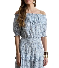 Lauren Ralph Lauren Voile Floral Print Off-The-Shoulder Short Sleeve Blouson Dress