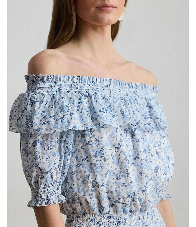 Lauren Ralph Lauren Voile Floral Print Off-The-Shoulder Short Sleeve Blouson Dress