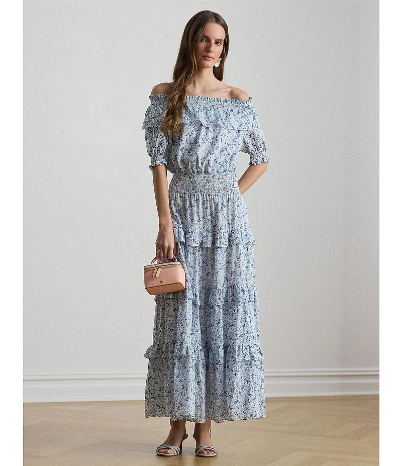 Lauren Ralph Lauren Voile Floral Print Off-The-Shoulder Short Sleeve Blouson Dress