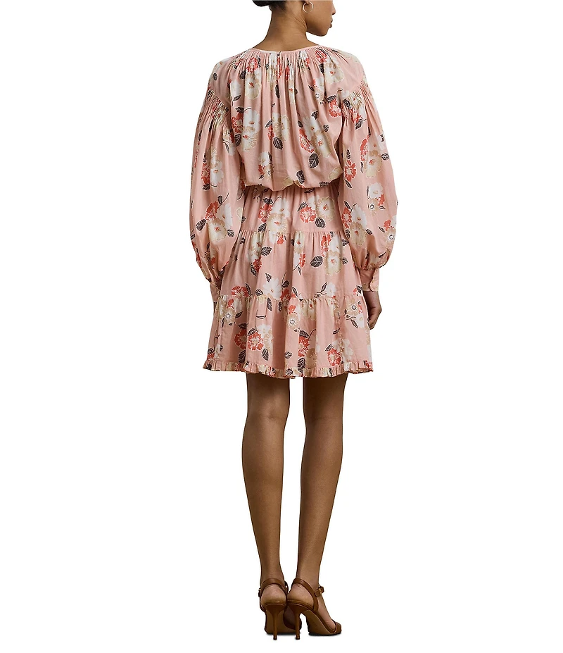 Lauren Ralph Lauren Voile Floral Print V-Neck Long Sleeves Tiered A-Line Dress