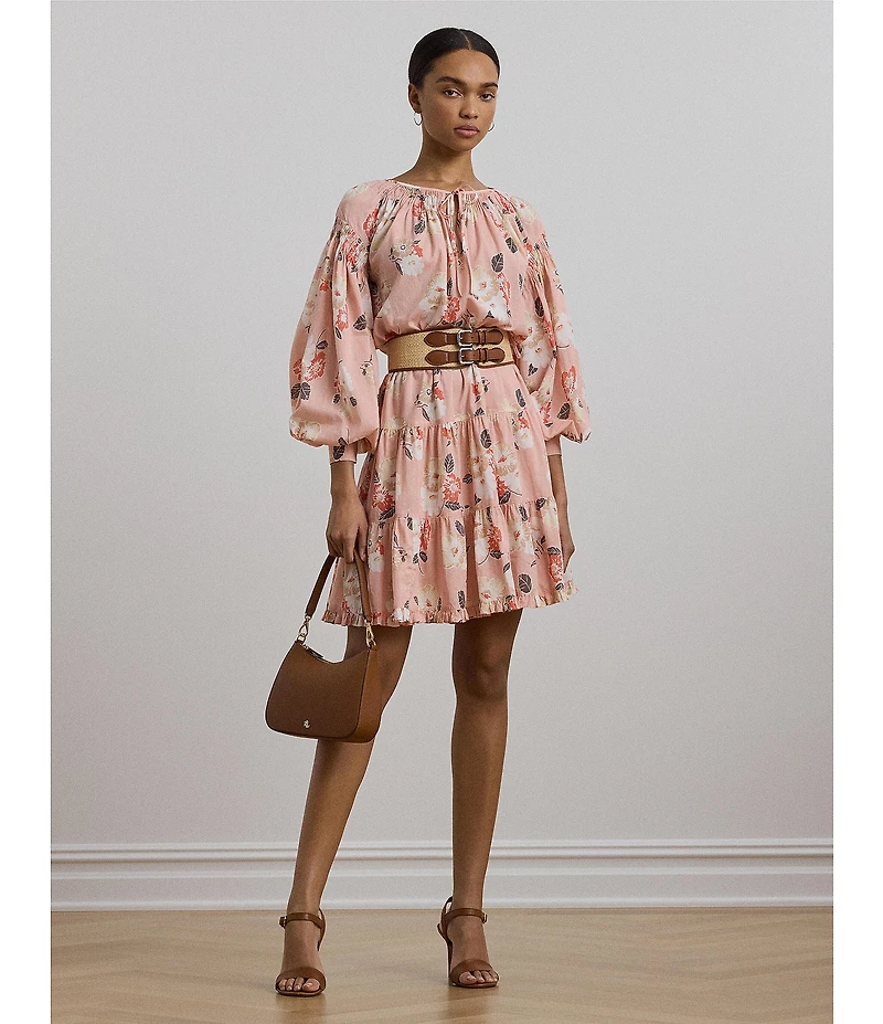 Lauren Ralph Lauren Voile Floral Print V-Neck Long Sleeves Tiered A-Line Dress