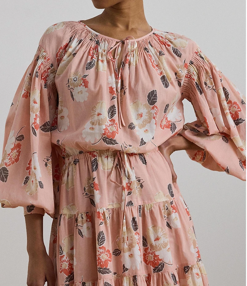 Lauren Ralph Lauren Voile Floral Print V-Neck Long Sleeves Tiered A-Line Dress