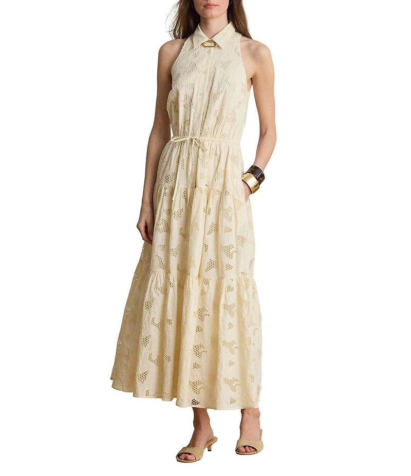 Lauren Ralph Lauren Voile Print Point Collar Sleeveless Halter Dress