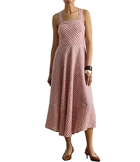 Lauren Ralph Lauren Voile Stripe Print Square Neck Sleeveless Fit And Flare Midi Dress