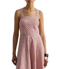 Lauren Ralph Lauren Voile Stripe Print Square Neck Sleeveless Fit And Flare Midi Dress
