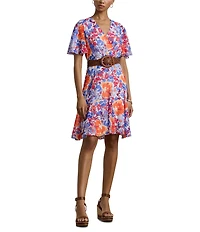 Lauren Ralph Lauren Wandella Crinkle Georgette Floral V Neck Short Flutter Sleeve Belted Faux Wrap Fit and Flare Mini Dress