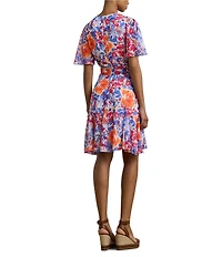 Lauren Ralph Lauren Wandella Crinkle Georgette Floral V Neck Short Flutter Sleeve Belted Faux Wrap Fit and Flare Mini Dress