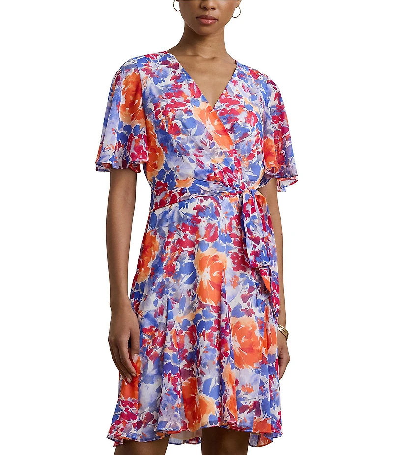 Lauren Ralph Lauren Wandella Crinkle Georgette Floral V Neck Short Flutter Sleeve Belted Faux Wrap Fit and Flare Mini Dress
