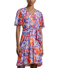 Lauren Ralph Lauren Wandella Crinkle Georgette Floral V Neck Short Flutter Sleeve Belted Faux Wrap Fit and Flare Mini Dress