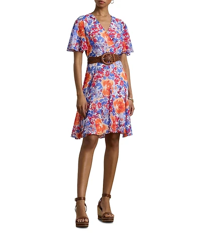 Lauren Ralph Lauren Wandella Crinkle Georgette Floral V Neck Short Flutter Sleeve Belted Faux Wrap Fit and Flare Mini Dress