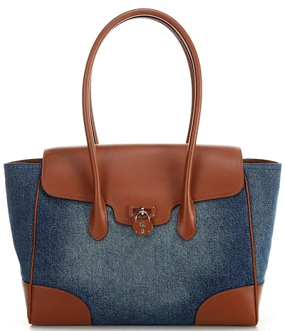 Lauren Ralph Lauren Tanner Large Washed Denim Padlock Satchel Bag