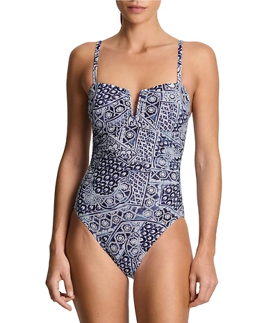 Lauren Ralph Lauren Watercolor Tile V-Wire Neck One Piece Swimsuit