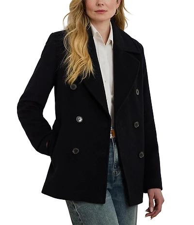 Lauren Ralph Lauren Wool Blend Notch Collar Long Sleeve Button Front Double Breasted Peacoat