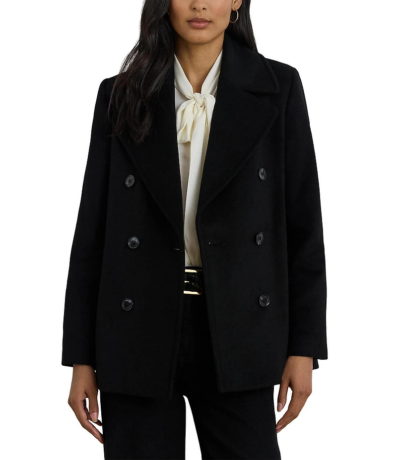 Lauren Ralph Lauren Wool Blend Notch Collar Long Sleeve Button Front Double Breasted Peacoat
