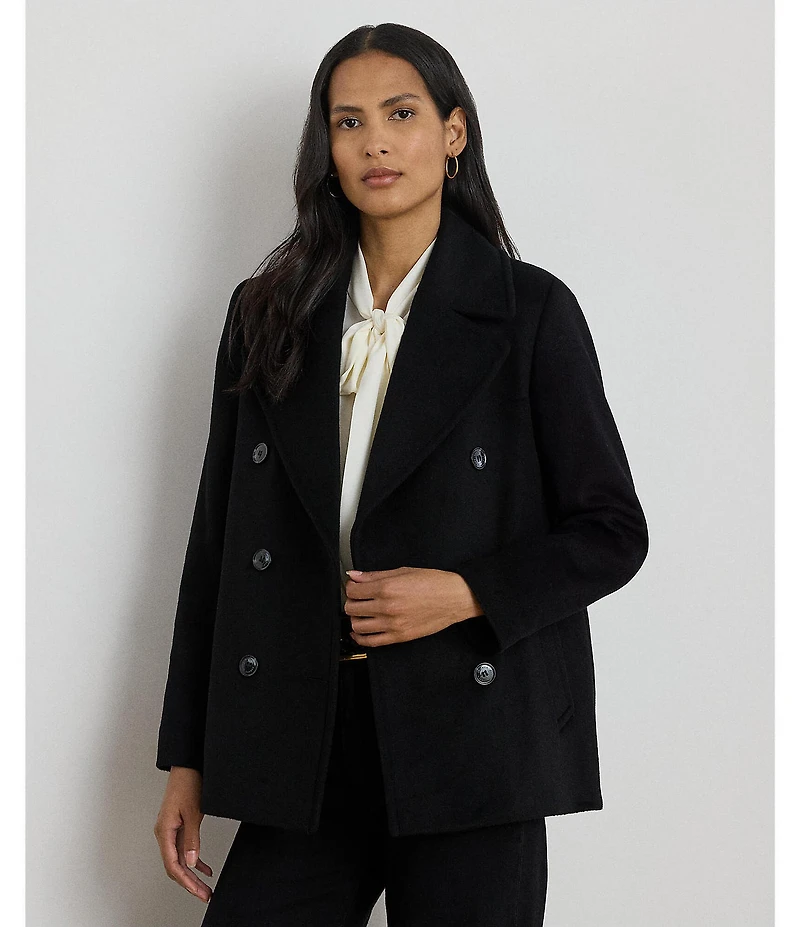 Lauren Ralph Lauren Wool Blend Notch Collar Long Sleeve Button Front Double Breasted Peacoat