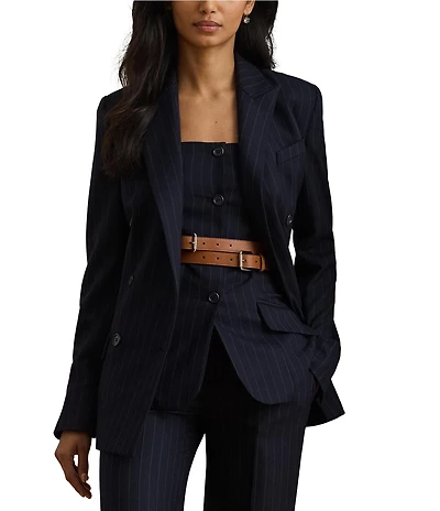 Lauren Ralph Lauren Wool Blend Pinstripe Notch Lapel Long Sleeve Double Breasted Blazer