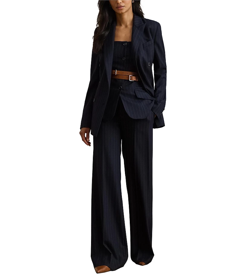 Lauren Ralph Lauren Wool Blend Pinstripe Notch Lapel Long Sleeve Double Breasted Blazer