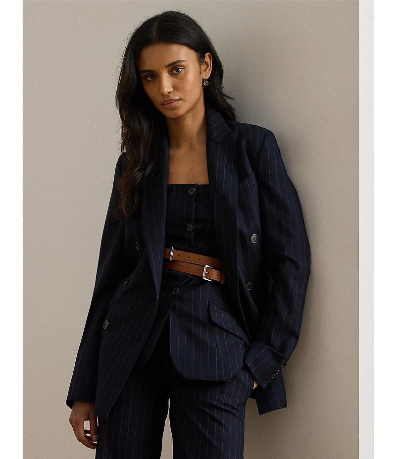 Lauren Ralph Lauren Wool Blend Pinstripe Notch Lapel Long Sleeve Double Breasted Blazer