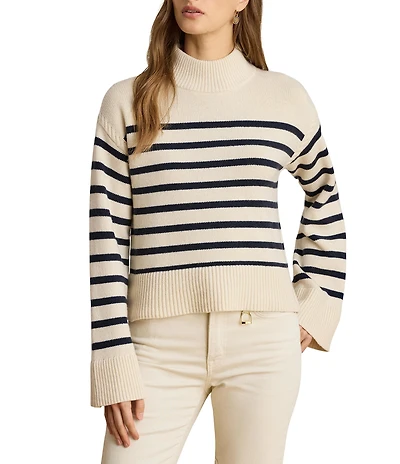 Lauren Ralph Lauren Wool Blend Striped Mock Neck Long Sleeve Sweater