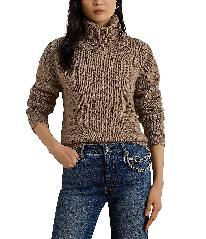 Lauren Ralph Lauren Wool Blend Turtle Neck Long Sleeve Buckle Trim Sweater