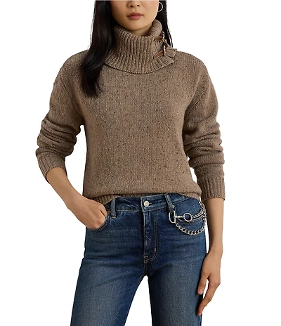 Lauren Ralph Lauren Wool Blend Turtle Neck Long Sleeve Buckle Trim Sweater