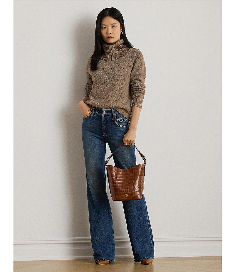 Lauren Ralph Lauren Wool Blend Turtle Neck Long Sleeve Buckle Trim Sweater