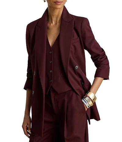 Lauren Ralph Lauren Wool Blend Twill Peak Lapel Long Sleeve Double Breasted Blazer