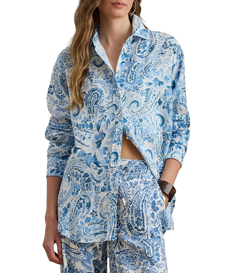 Lauren Ralph Lauren Woven Paisley Linen Point Collar Long Sleeve Button-Front Coordinating Shirt
