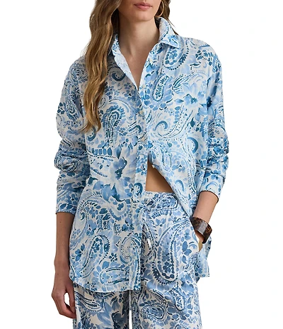 Lauren Ralph Lauren Woven Paisley Linen Point Collar Long Sleeve Button-Front Coordinating Shirt