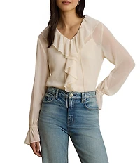 Lauren Ralph Lauren Woven Crinkle Georgette V-Neck Long Sleeve Blouse
