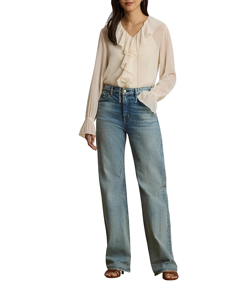 Lauren Ralph Lauren Woven Crinkle Georgette V-Neck Long Sleeve Blouse