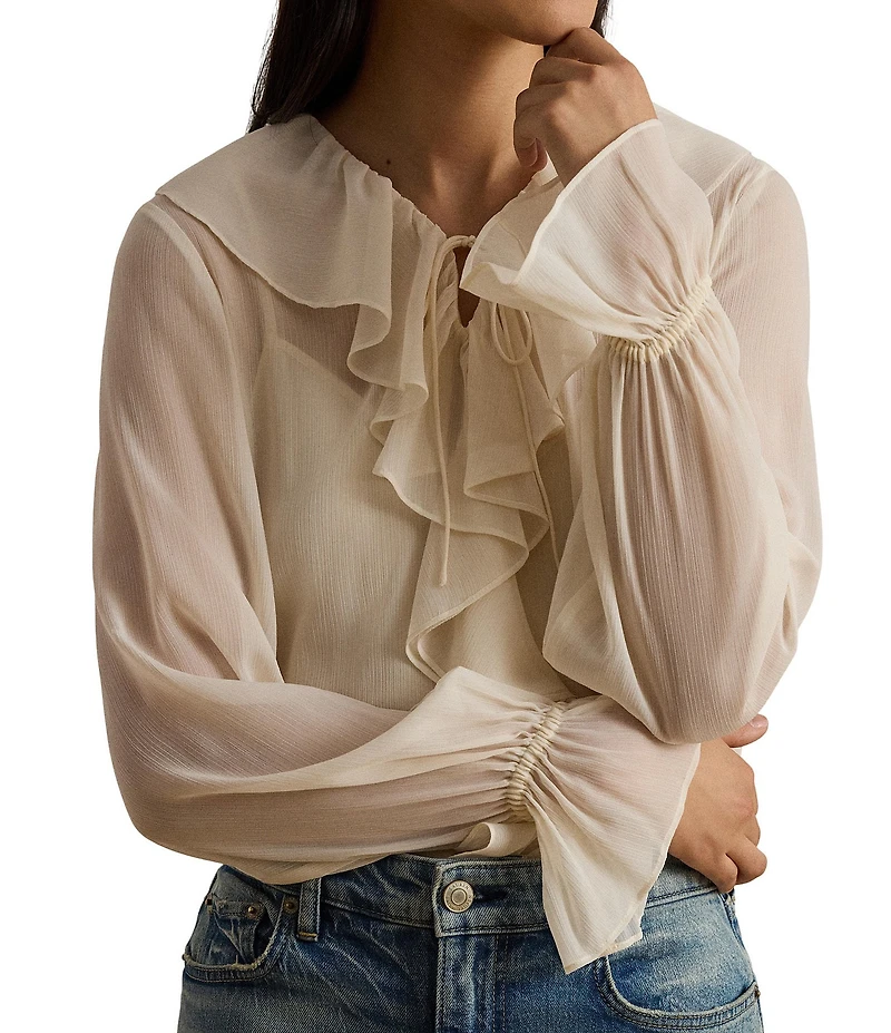 Lauren Ralph Lauren Woven Crinkle Georgette V-Neck Long Sleeve Blouse