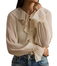 Lauren Ralph Lauren Woven Crinkle Georgette V-Neck Long Sleeve Blouse