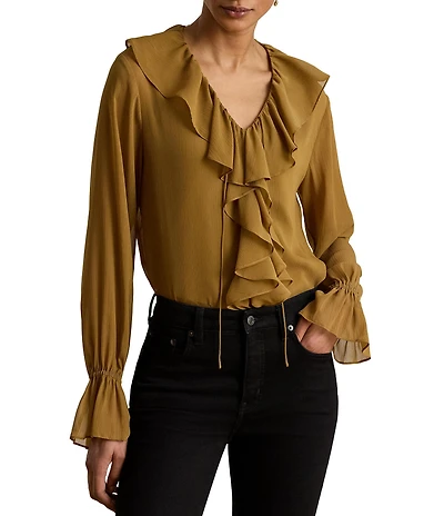 Lauren Ralph Lauren Woven Crinkle Georgette V-Neck Long Sleeve Blouse