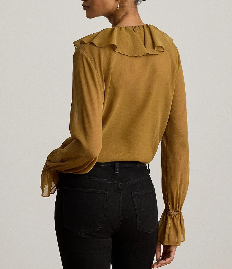 Lauren Ralph Lauren Woven Crinkle Georgette V-Neck Long Sleeve Blouse